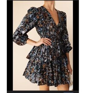 Ulla Johnson Cotton Ikat Print Tiered Mini Dress V-Neck Puff Sleeve Black Blue 6
